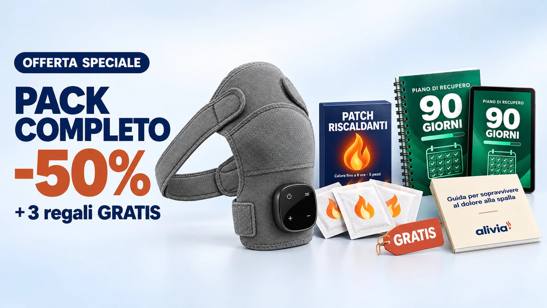 Offerta speciale Pack completo -50%: Alivia Spalla con calore, compressione e vibrazione + 3 regali gratis: patch riscaldanti (5 pezzi), Piano di recupero 90 giorni ed e-book sul dolore alla spalla.