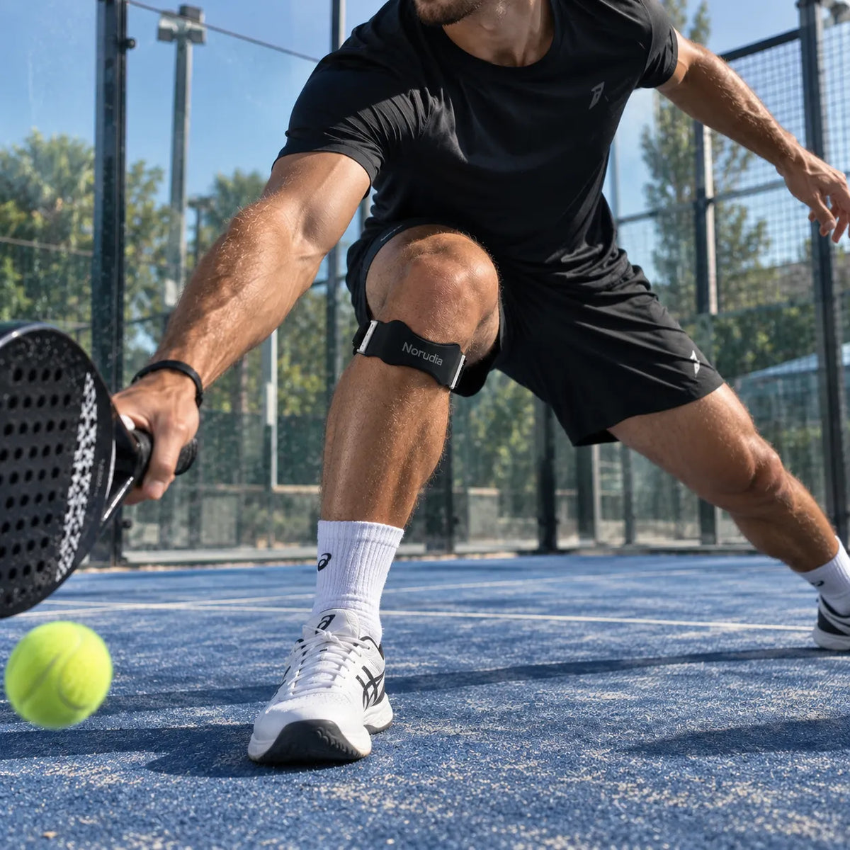 Joueur de padel portant la sangle Norudia en mouvement
